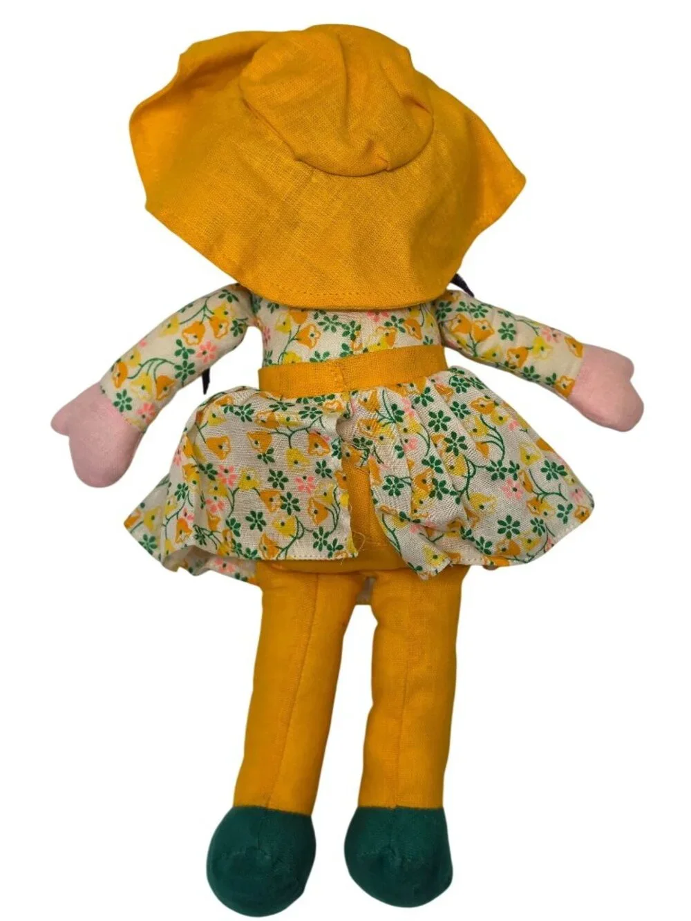Vintage 1970s Cloth Rag Doll Sunbonnet Yarn Hair Floral Dress 10.5